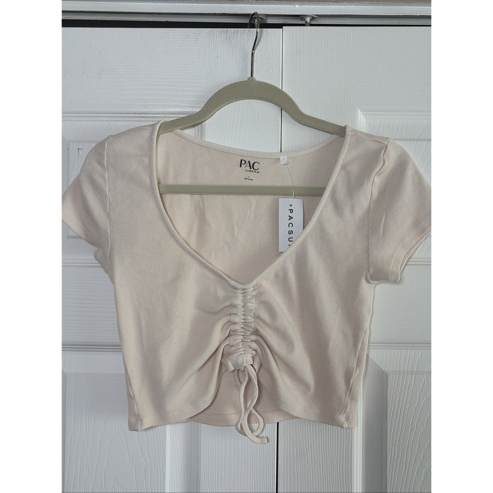 PacSun Pac Cares Cinched Front Ribbed Crop Top Womens Size S White Tee Y2K Ligh